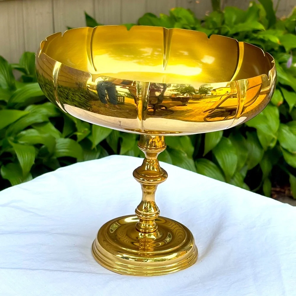 Vintage Baldwin Brass Lotus Pedestal Dish Hollywood Regency